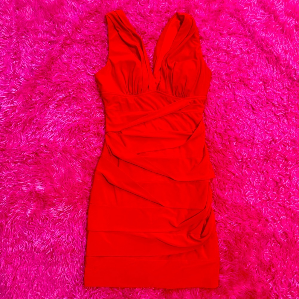 Emerald Sundae Red Bodycon Mini Dress Plunge Neckline. B014